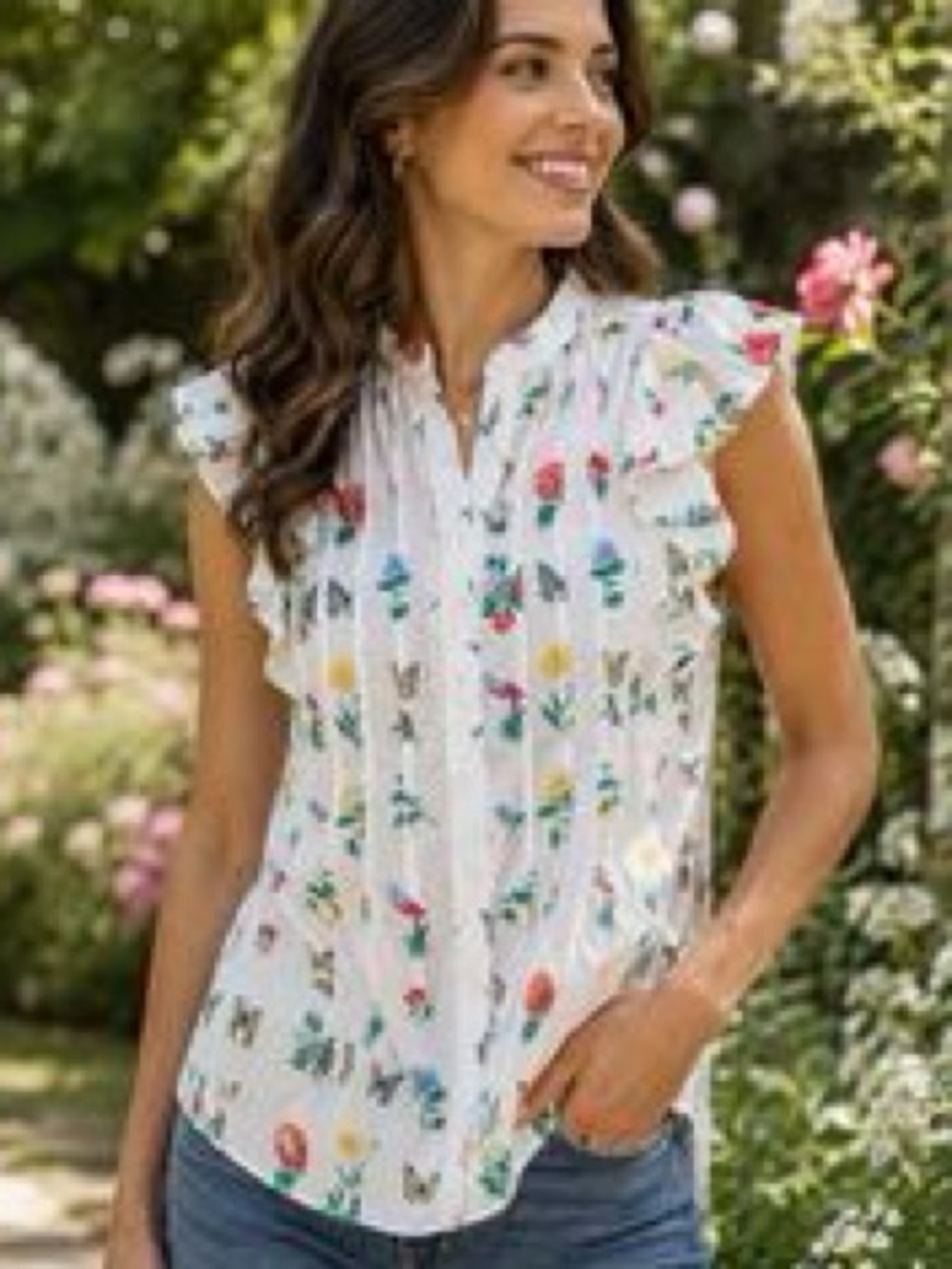Ann Taylor Botanical Sleeveless Ruffle Neck Top